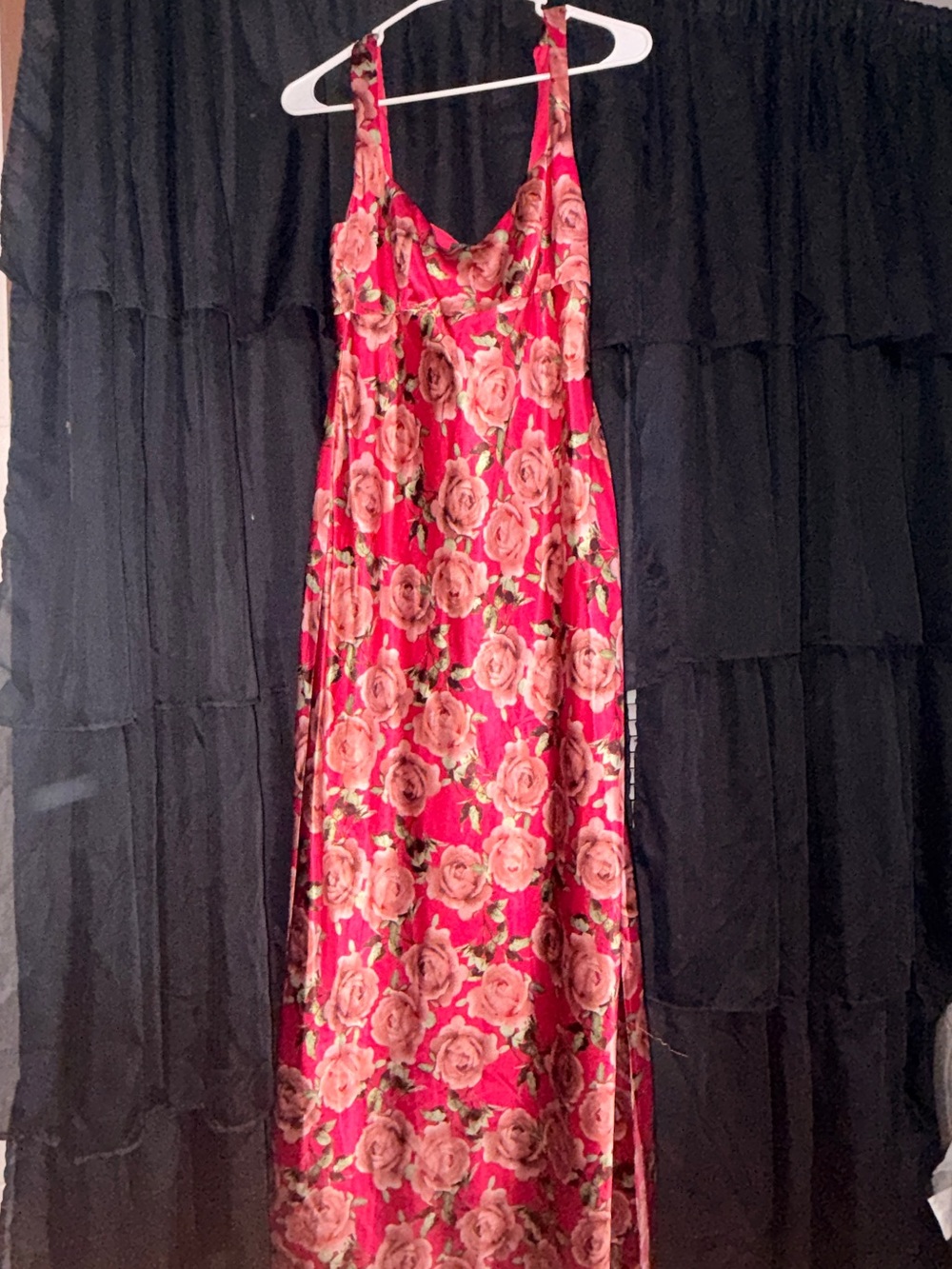Floral Satin Maxi Dress in Hot Pink with Rose Print